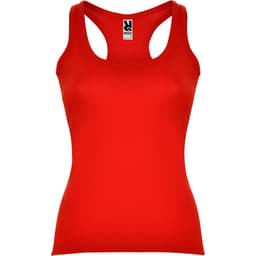 A red tank top with a fitted design and a logo on the label.