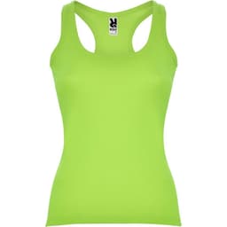 A vibrant green singlet tank top with a scoop neckline and a logo at the centre.