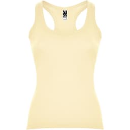A yellow tank top with a scoop neckline and wide straps, featuring a logo at the top.