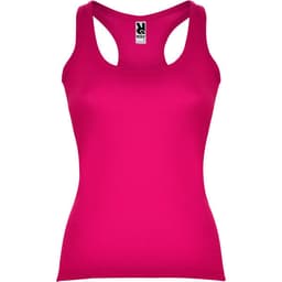 A pink tank top with a scoop neck and wide straps, featuring a logo at the neckline.