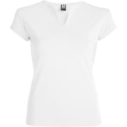A white women's t-shirt with short sleeves and a v-neck design, featuring a logo at the neckline.