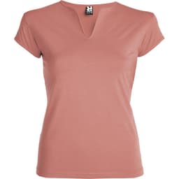A blush pink T-shirt featuring a V-neck design and short sleeves, with a logo on the label.