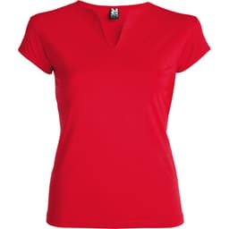 A red t-shirt with a v-neck design and short sleeves, featuring a branding label.