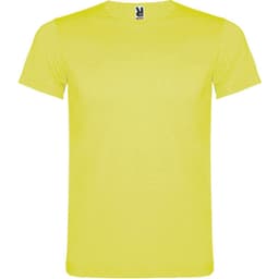 A bright yellow t-shirt with a round neck and short sleeves, featuring a logo on the collar.