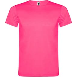 A bright pink T-shirt with short sleeves and a branding label at the collar.