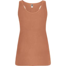 A rust-coloured tank top with a fitted design and a label inside. It features a logo on the label.