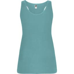 A teal tank top with a scoop neckline and a fitted design. It features a logo at the neck.