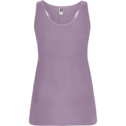 A lilac tank top with a scoop neck and a fitted design, featuring a small logo.