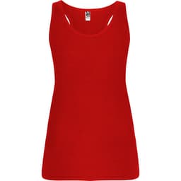 A red tank top with a fitted design and thin shoulder straps, featuring a logo.