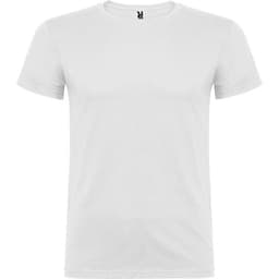 A plain white t-shirt with a round neckline and short sleeves. It features a logo at the neckline.