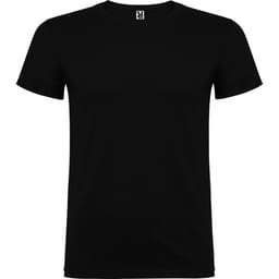 A black T-shirt featuring a crew neck and short sleeves, with a logo on the neckline.