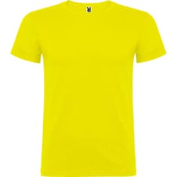A bright yellow T-shirt featuring a simple design and a logo on the neck.