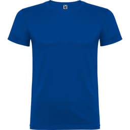 A blue T-shirt with a round neckline and short sleeves, featuring a branding logo at the collar.