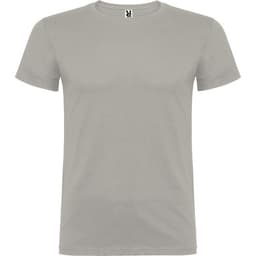 A plain grey T-shirt with a round neck and short sleeves, featuring a small logo on the neckline.