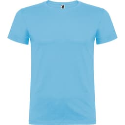 A light blue T-shirt with a round neckline and short sleeves. It features a small logo at the neck.