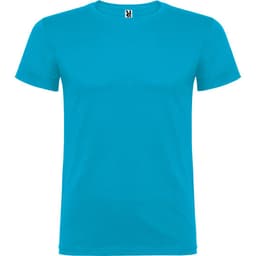 A bright turquoise T-shirt with a round neckline and short sleeves, featuring a logo tag on the collar.