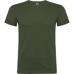 A green T-shirt with a simple round neck and short sleeves. It features a small logo on the label.