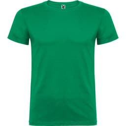 A bright green T-shirt with a round neckline and short sleeves, featuring a logo on the label.