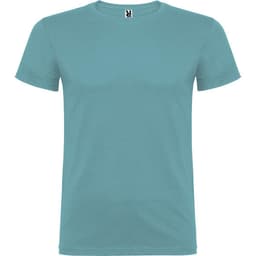 A light blue T-shirt featuring a round neckline and short sleeves, with a logo on the label.