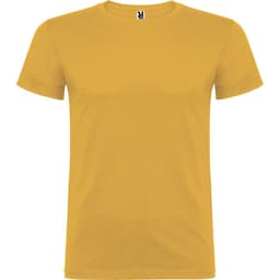 A plain yellow t-shirt with a crew neck and short sleeves, featuring a branding label on the neckline.