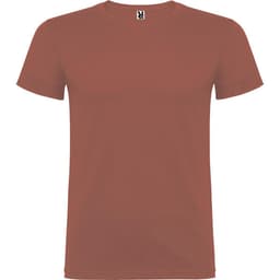 A rust-coloured t-shirt with short sleeves and a round neckline, featuring a branding label at the neck.