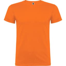 An orange T-shirt with short sleeves and a logo on the collar.