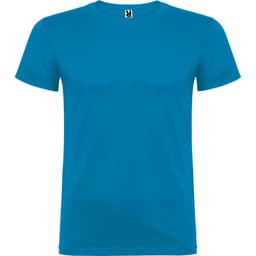 A plain blue t-shirt with a classic crew neck design and short sleeves. It features a branding label at the neckline.