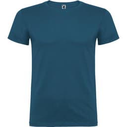 A teal t-shirt with a classic crew neck design and a branding label on the neckline.
