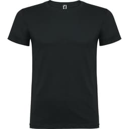 A black t-shirt with a round neckline, made from a soft fabric and featuring a logo on the tag.