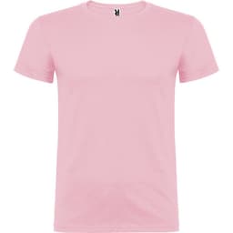 A pink T-shirt featuring a logo on the neckline, with a classic crew neck design.