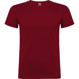 A red T-shirt featuring a crew neck design and short sleeves. It has a small logo on the collar.