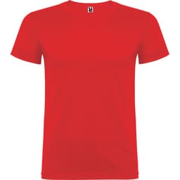 A red t-shirt with a round neck and short sleeves, featuring a logo on the neckline.