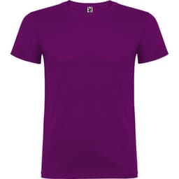 A purple T-shirt with a simple design and a logo at the neckline.