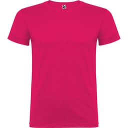 A vibrant pink T-shirt with a simple crew neckline and short sleeves, featuring a brand logo at the collar.