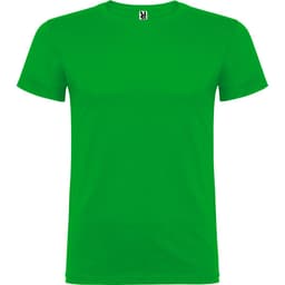 A green T-shirt with a crew neck and short sleeves, featuring a logo on the neckline.