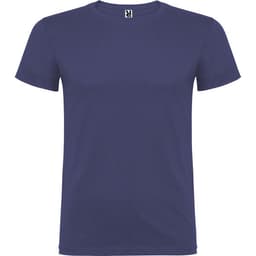 A blue t-shirt featuring a logo on the tag. It has short sleeves and a classic crew neck design.