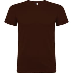 A brown T-shirt with a standard crew neckline and short sleeves, featuring a logo on the label.