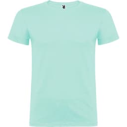 A mint green t-shirt with a crew neck and short sleeves, featuring a logo on the neckline.