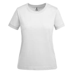 A white women's t-shirt with a classic crew neck and short sleeves, featuring a logo on the inside label.