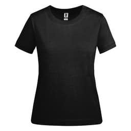A black women's t-shirt with short sleeves and a round neck. The shirt has a logo on the label.