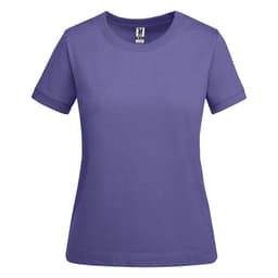 A purple women's t-shirt with short sleeves, featuring a simple design and a logo on the label.