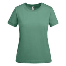 A green women's T-shirt with a classic cut, featuring short sleeves and a round neckline. It has a logo tag inside.