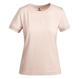 A light pink women's t-shirt with a crew neck and short sleeves, featuring a logo on the label.