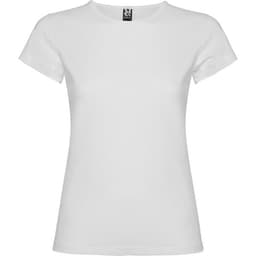A white T-shirt with a classic crew neck and short sleeves, featuring a small logo at the collar.