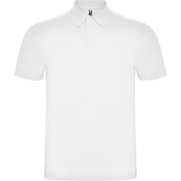 A white polo shirt with a classic collar and short sleeves, featuring a logo on the neckline.