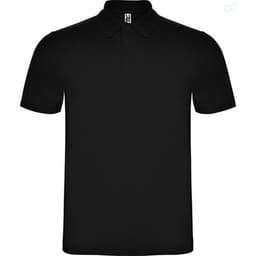 A black polo shirt with a collar and short sleeves, featuring a logo on the front.