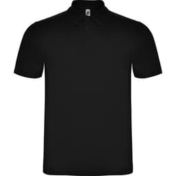 A black polo shirt with a collar and buttons, featuring a logo on the upper left.