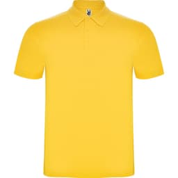 A yellow polo shirt featuring a classic collar and a logo on the neckline.