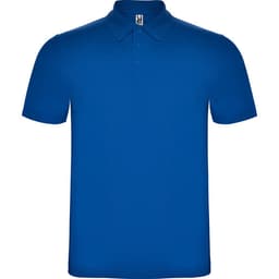 A polo shirt in vibrant blue with a collar and a branding logo on the upper section.