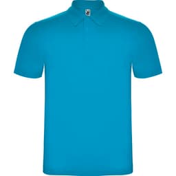 A turquoise polo shirt featuring a collar and a logo on the neckline.